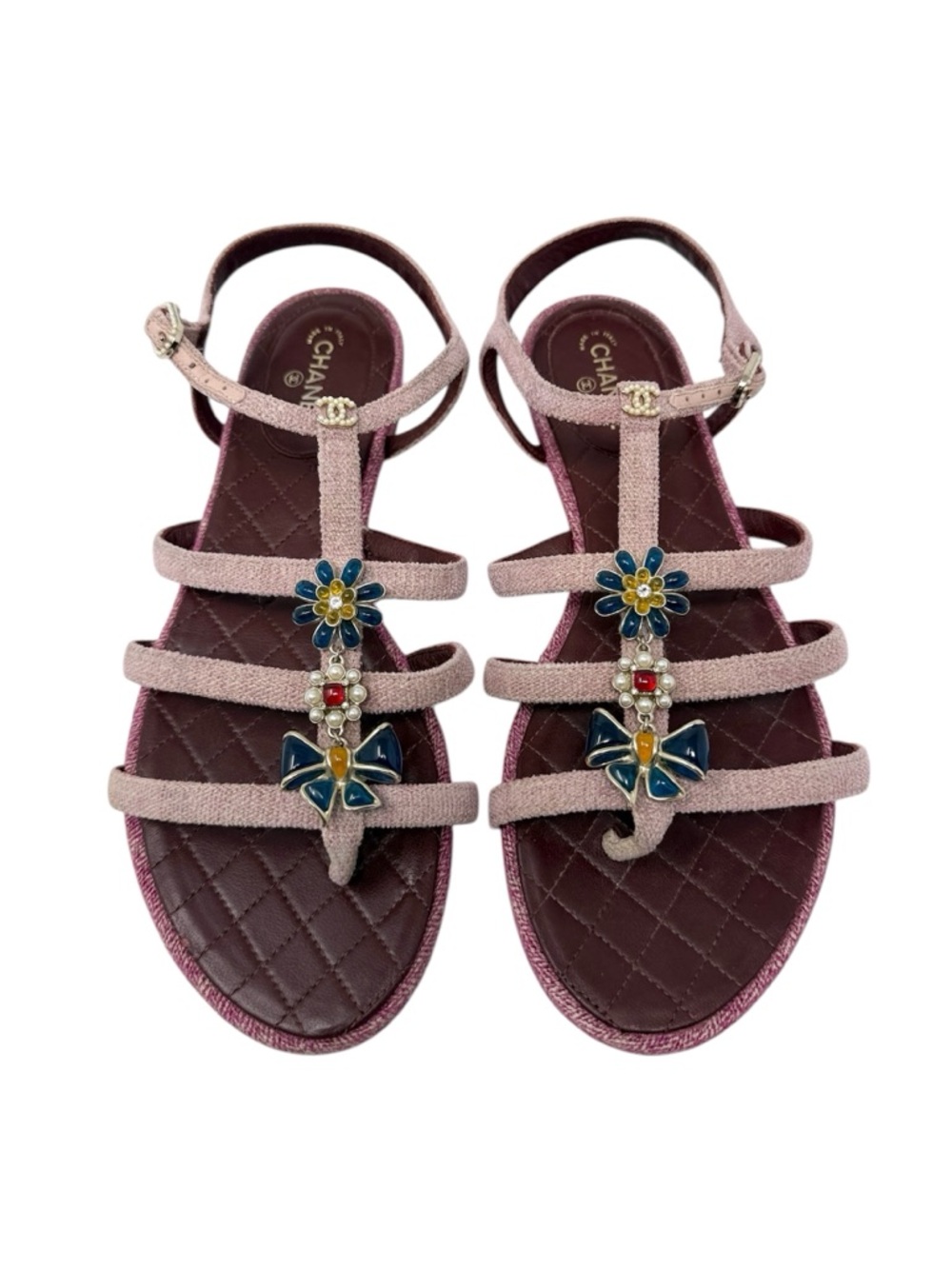 Chanel Tweed Jewel Accent CC Rose Pink Flat Sandals Size 40